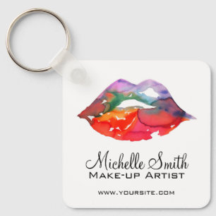 Bold Rainbow Lips Watercolor Drawing Makeup QR Key Ring