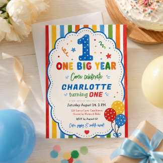 Bold Rainbow One Big Year  1st Birthday party Invitation