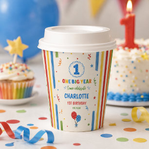 Bold Rainbow One Big Year 1st Birthday party Paper Cups