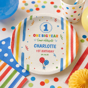 Bold Rainbow One Big Year 1st Birthday party Paper Plate