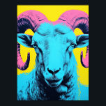 Bold Ram: Neon Pop Art Poster<br><div class="desc">This striking ram portrait fuses neon tones and pop art aesthetics to create a captivating centerpiece. With its bright blue,  pink,  and yellow palette,  this artwork radiates confidence and modern sophistication. Perfect for those who love unique animal-inspired decor with a contemporary twist.</div>