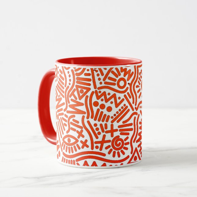 Bold Red Abstract Doodle Line Art Two-Tone Mug (Front Left)