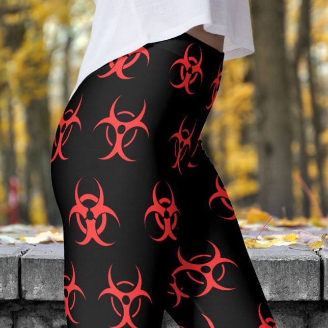 Bold  Red and Black Biohazard Pattern Leggings (Biohazard Red on Black Leggings)