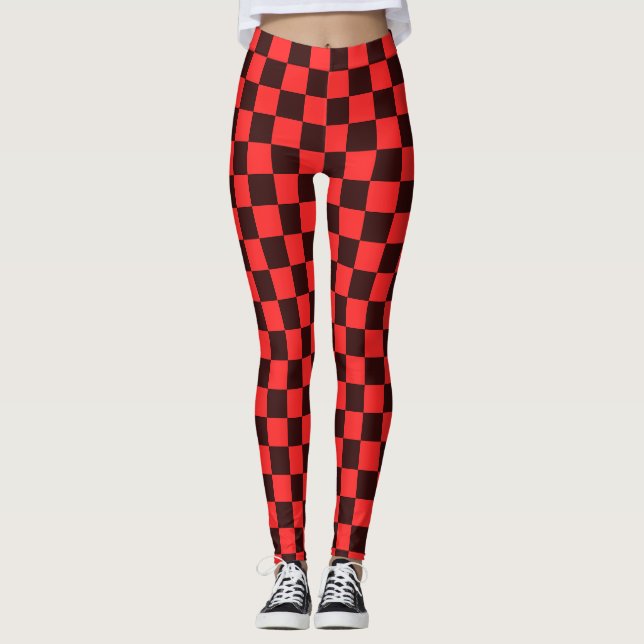 Bold Red and Black Chequered Pattern Design Leggings (Front)
