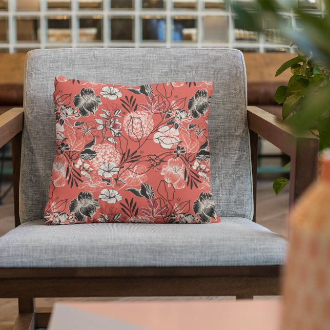 Bold Red and Black Floral Pattern Cushion (Pretty and Colorful Modern Hibiscus, Magnolia, Tropical Flower Illustrations on Red Background. )