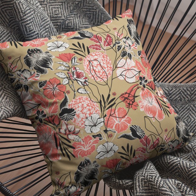 Bold Red and Black Floral Pattern Cushion (Bold Red and Black Floral Pillow on Trendy Gold Background. Modern Hand Drawn Tropical Flowers.)
