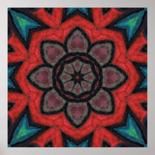 Bold Red and Black Kaleidoscope Flower Mandala Poster