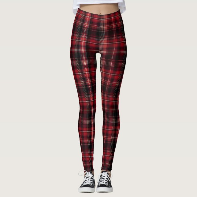 Bold Red and Black Tartan Plaid Leggings (Front)