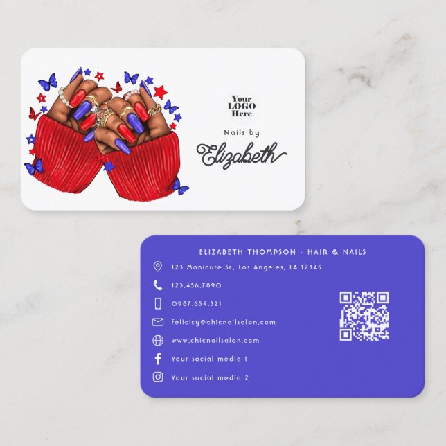 Bold Red and Blue African American Nail Salon Business Card (Front/Back)