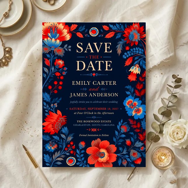 Bold Red and Blue Floral Acrylic Invitations (Creator Uploaded)