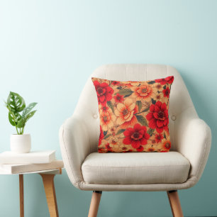 Bold Red and Peach Floral Accent Pillow