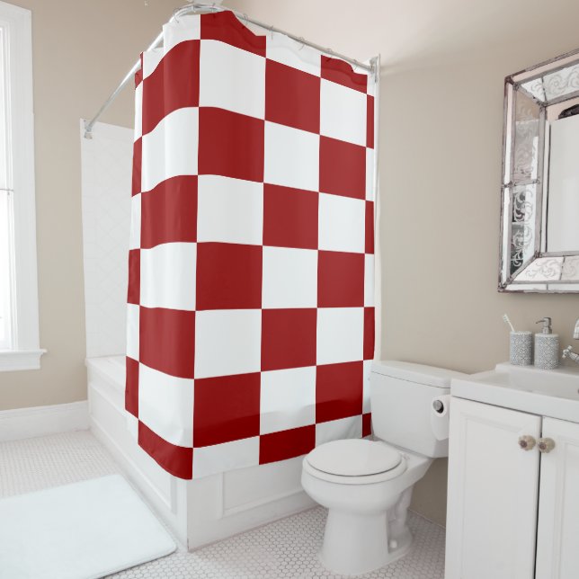 Bold Red and White Chequered Rectangles Shower Curtain (In Situ)