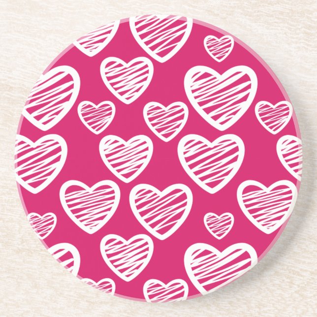 Bold Red and White Scribble Heart Pattern  Coaster (Front)