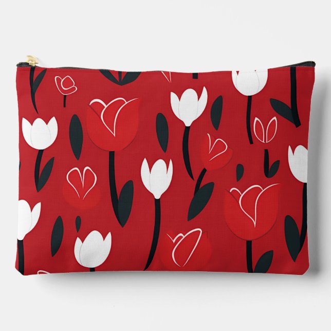 Bold Red and White Tulip Spring Floral Accessory Pouch (Front)