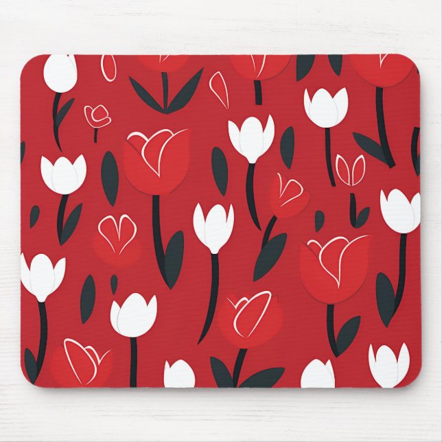 Bold Red and White Tulip Spring Floral Mouse Pad (Front)