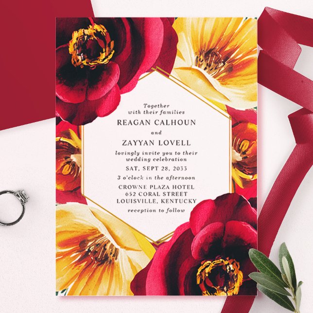 Bold Red and Yellow Floral Geometric Wedding Acrylic Invitations (Creator Uploaded)