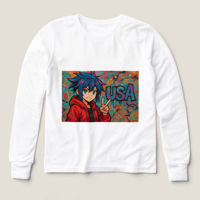 Bold Red Anime USA Graphic T-Shirt (Design Front)
