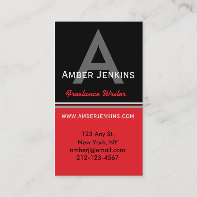 Bold Red & Black Monogram Vertical Business Card (Front)