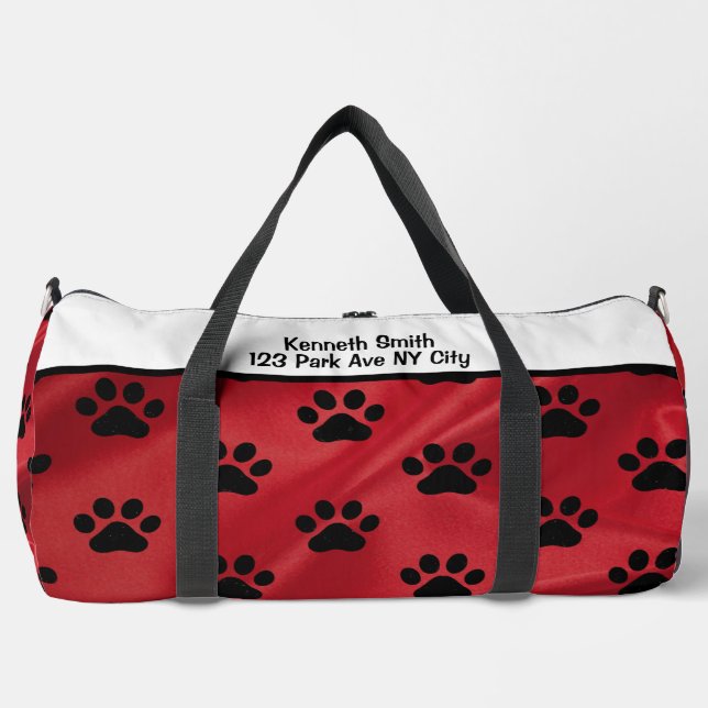 Bold Red Black Paw Print monogram personalise Duffle Bag (Front)