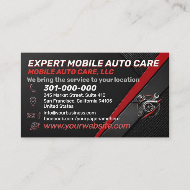 Bold Red Black Performance Auto Repair Custom Logo Business Card (Front)
