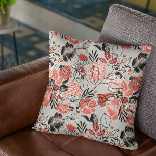 Bold Red Black Taupe Floral Pattern Cushion
