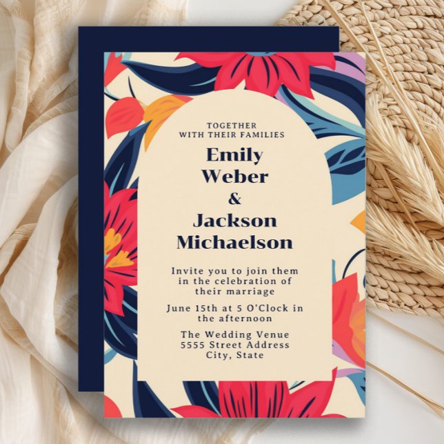 Bold Red Blue Flower Arch Wedding  Invitation (Navy blue and red retro -style flowers wedding invitation)