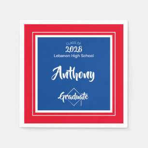 Bold Red Blue School Colours Script Graduation Napkin