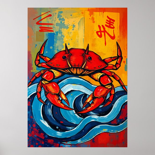 Bold Red Crab Japanese Wave Art Poster (Front)