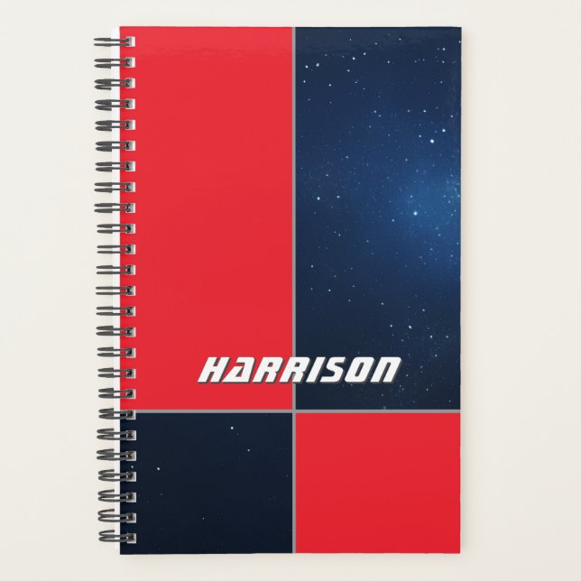 Bold Red Dark Blue Space Personalised Planner (Front)