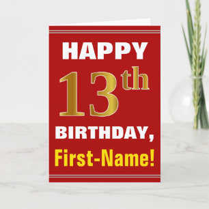 Bold, Red, Faux Gold 13th Birthday w/ Name Card