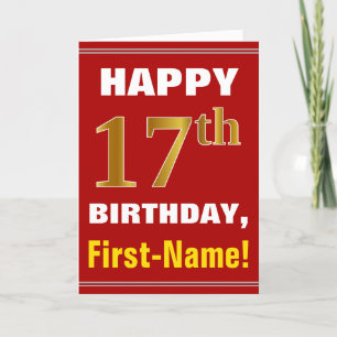 Bold, Red, Faux Gold 17th Birthday w/ Name Card