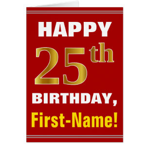 Bold, Red, Faux Gold 25th Birthday w/ Name Card