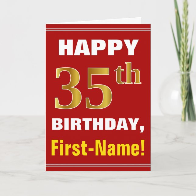Bold, Red, Faux Gold 35th Birthday w/ Name Card (Front)