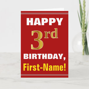 Bold, Red, Faux Gold 3rd Birthday w/ Name Card