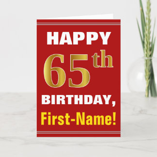 Bold, Red, Faux Gold 65th Birthday w/ Name Card