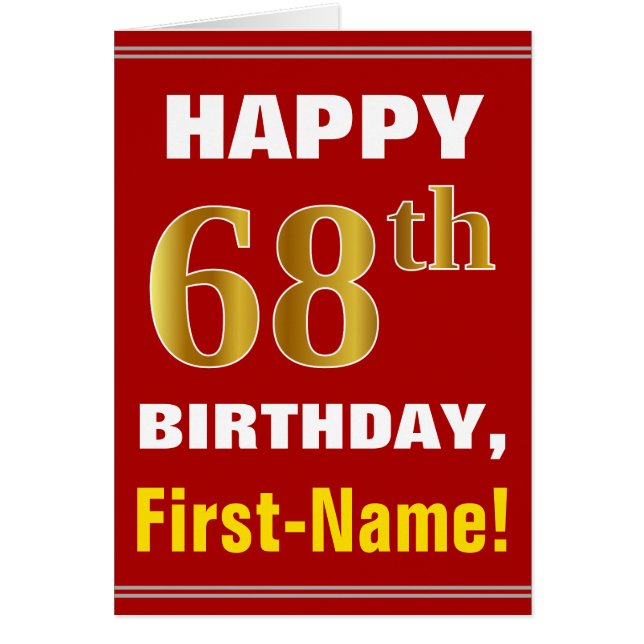 Bold, Red, Faux Gold 68th Birthday w/ Name Card (Front)