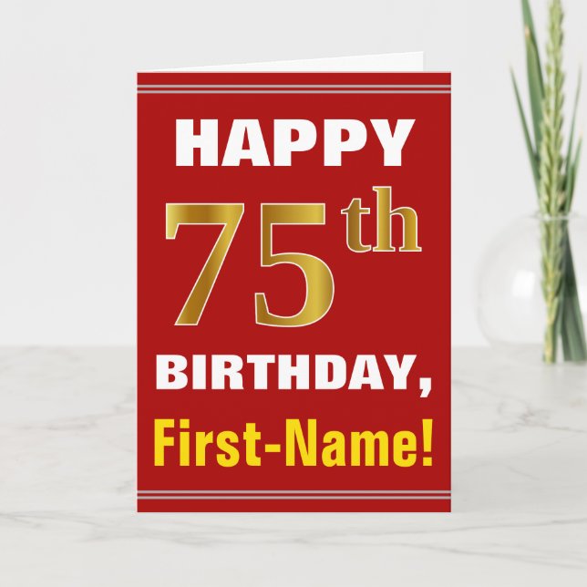 Bold, Red, Faux Gold 75th Birthday w/ Name Card (Front)