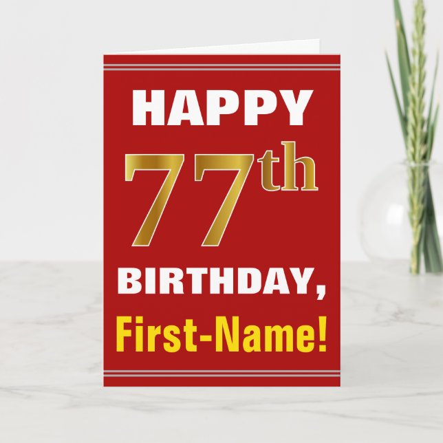 Bold, Red, Faux Gold 77th Birthday w/ Name Card (Front)