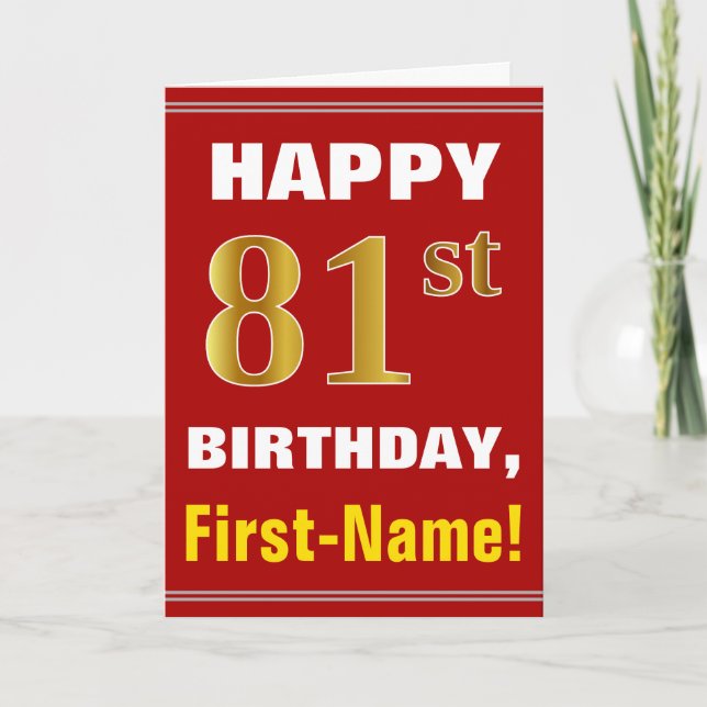 Bold, Red, Faux Gold 81st Birthday w/ Name Card (Front)