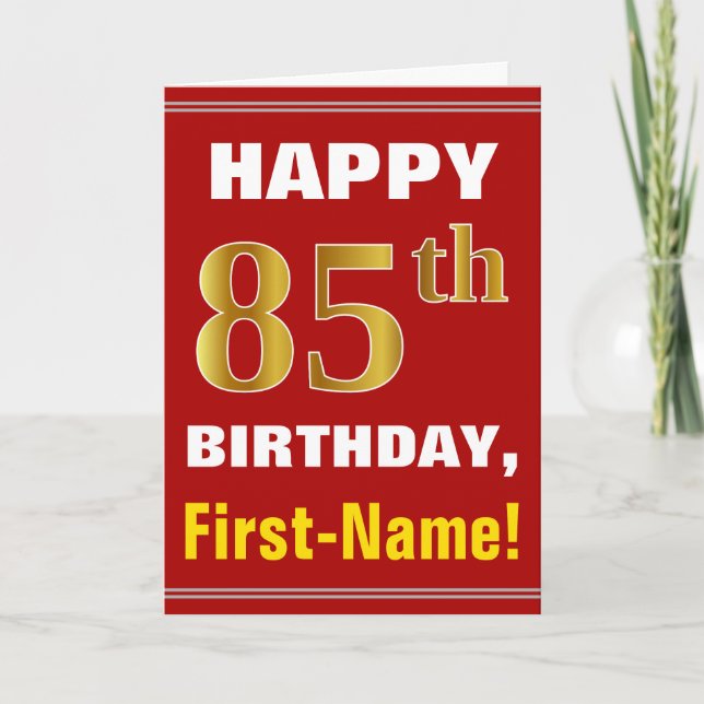 Bold, Red, Faux Gold 85th Birthday w/ Name Card (Front)