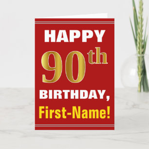 Bold, Red, Faux Gold 90th Birthday w/ Name Card