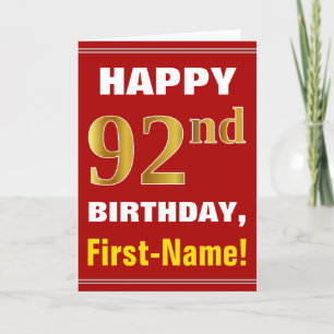 Bold, Red, Faux Gold 92nd Birthday w/ Name Card