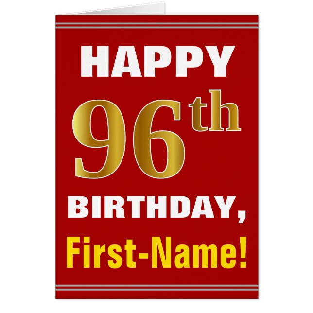 Bold, Red, Faux Gold 96th Birthday w/ Name Card (Front)