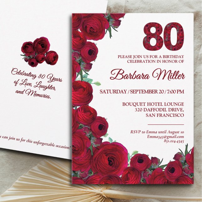 Bold Red Floral 80th Birthday  Invitation (Creator Uploaded)