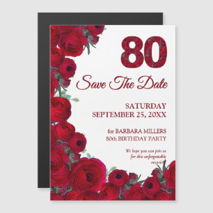 Bold Red Floral 80th Birthday Save the Date Magnetic Invitation