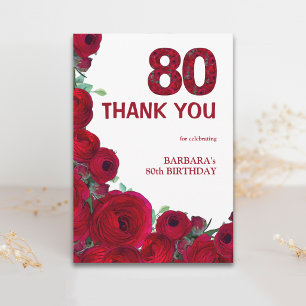 Bold Red Floral 80th Birthday Thanks Elegant Thank You Card