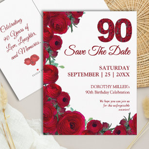 Bold Red Floral 90th Birthday Save the Date Announcement Postcard