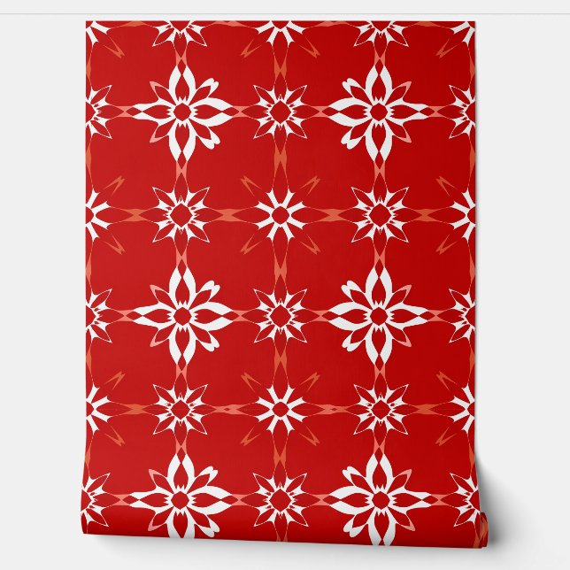 Bold Red Floral Geometric Pattern Design Wallpaper (Unrolling)