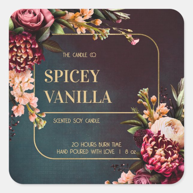 Bold Red Floral Gold Luxury Soy Candle Label (Front)
