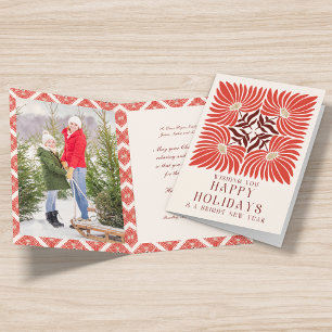 Bold Red Floral Happy Holidays Photo Holiday Card
